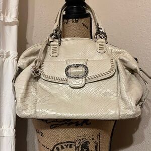 Brighton Cream Snakeskin Satchel with Glossy Finish and Silver Accent
